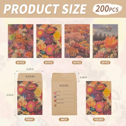 200 Pcs Seed Envelopes Self-Adhesive Kraft Paper Seed Packets for Garden Storage