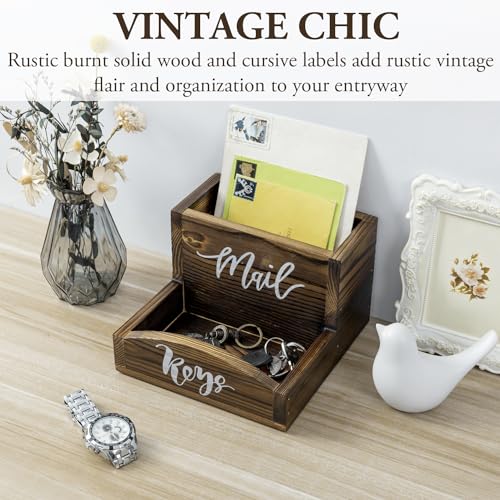MyGift Rustic Burnt Solid Wood Mail Holder and Key Organizer, Entryway Storage Tray or Office Desktop Organizing Bin with White Cursive Lettering Labels