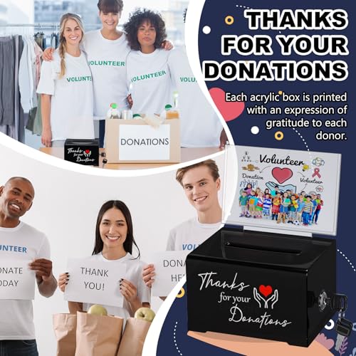 Black Donation Box with Lock & 2 Keys - Acrylic Fundraising Box with Gratitude Message