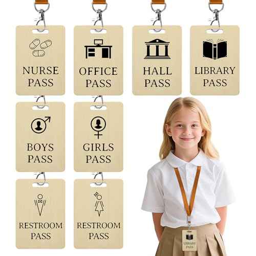 8 Sets School Hall Pass Lanyards - Sturdy Wooden Passes for Classrooms Hall Library Office Restroom Nurse Student Teacher Supplies
