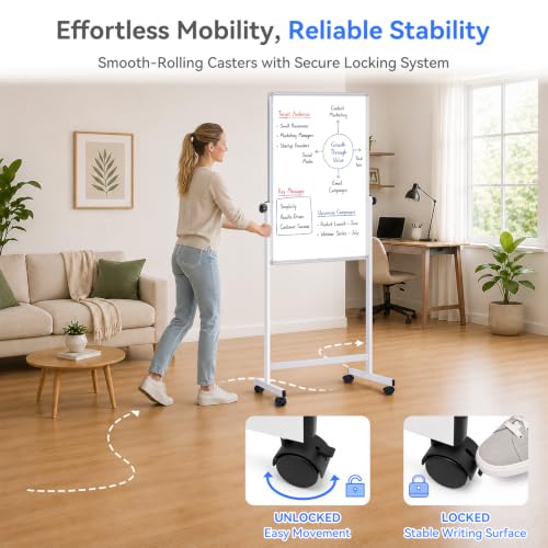 Maxtek White Magnetic Whiteboard on Wheels 44x28in Silver Adjustable Height