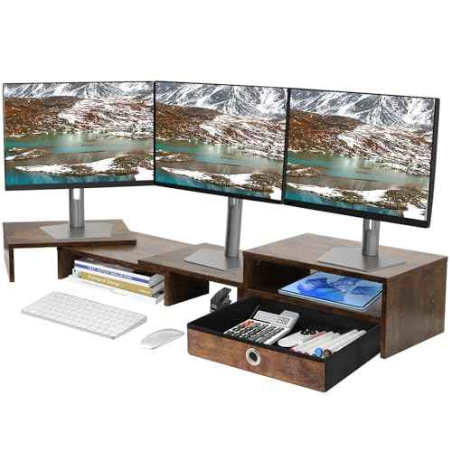 Monitor Riser for 3 Monitors, Dual Monitor Stand for Desk, Triple Monitor Stand with Drawer, Dual Monitor Stand with Storage, Extra Long Triple Monitor Riser up to 52", Angle Adjustable