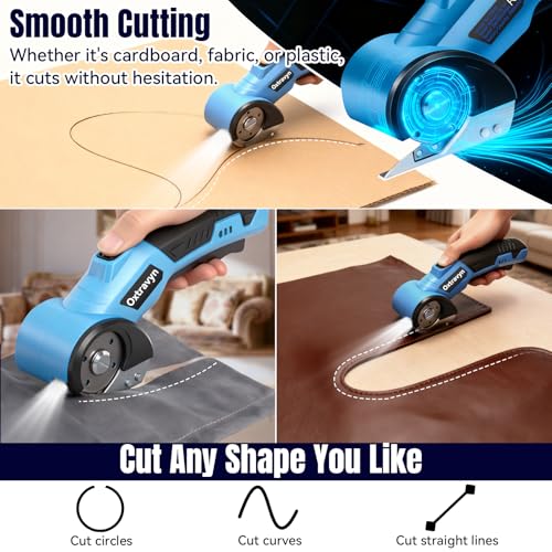 Electric Scissors, Box Cutter, Cardboard Cutter, Cordless Electric Scissors, 320RPM Rotary Cutter, 3000mAh Battery, LED Light, 2 Blades, Electric Box Cutter for Fabric Carpet Carton Plastic Leather