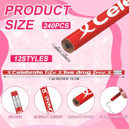 Tenceur 240 Pcs Red Ribbon Week Pencils Bulk Red Ribbon Awareness Month Supplies 12 Designs Drug Free Pencils with Erasers for Teacher Office Supplies Volunteer Fundraising Charity Activity