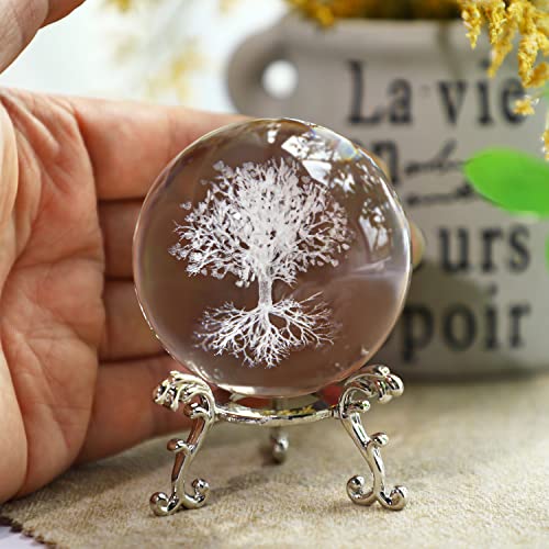 60mm Tree of Life Crystal Ball with Stand - 3D Laser Engraved Decor Gift