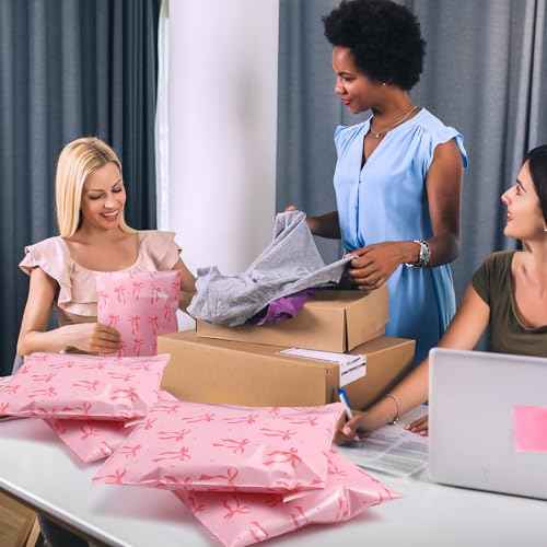 200 Pack 10x13 Pink Bow Poly Mailers Set Waterproof Self Adhesive Cute Shipping Bags with Thank Cards and Stickers Set for Small Business Large Mailing Envelopes Bulk Tear Resistant