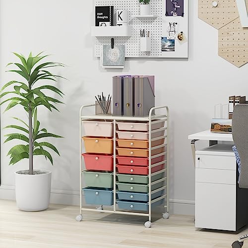 HAPPYGRILL Macaroon Colorful 15-Drawer Rolling Cart with Removable Drawers, Steel Frame, Lockable Wheels