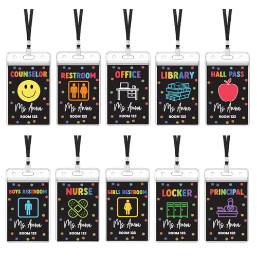 Rainbow Polka Dots Personalized Teacher Hall Pass Set with Cardholder Lanyards