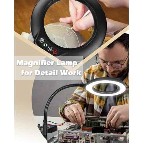 10X Magnifying Glass with Light, 5 Color Modes Stepless Dimmable Flexible Gooseneck LED Hands-Free Desk Lamp, Stand Lighted Magnifier for Crafts, Sewing, Reading, Painting, Hobby, Close Work