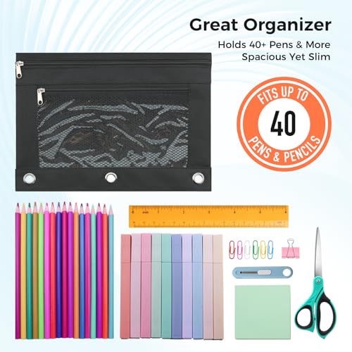ASBEFORE Black Pencil Pouch for 3 Ring Binder with Zipper & Clear Window