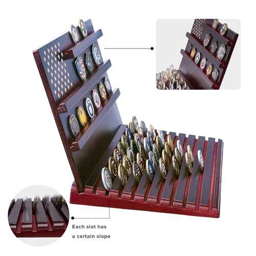 Challenge Coin Display Stand, 13-Row Solid Wood Military Coin Holder with Sloped Base, Holds 80-110 Coins, Coin Holders for Collectors