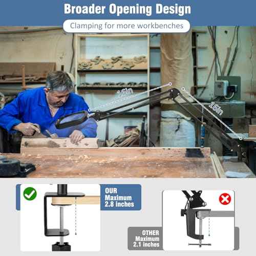 10X Rectangle Magnifying Glass with Light and Clamp, 2*16 Inch Large Swivel Arm LED Desk Lamp, 5 Color Modes Brightness Steepless Dimming, Hands Free Lighted Magnifier Stand for Craft Reading Painting