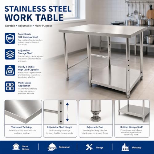 Stainless Steel 40x24 Inch Work Table with Under Shelf – Heavy Duty Commercial Kitchen Prep Table