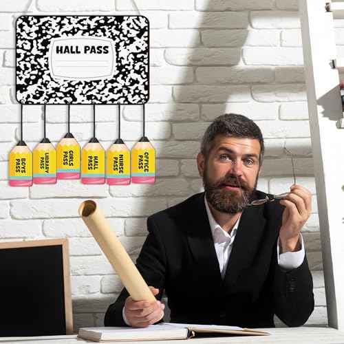 7 Pcs Hall Passes for Classroom Include 1 Hall Passes Chalkboard with 6 Pack of Pencil Shape Hall Passes Bathroom Passes for Classrooms Elementary School Teacher Gift