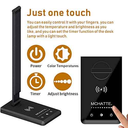 LED Desk Lamp with Wireless Charger, USB Charging Port, Dimmable Eye-Caring Desk Light with 5 Brightness Levels & 5 Lighting Modes, Touch Control, Auto Timer (Black)