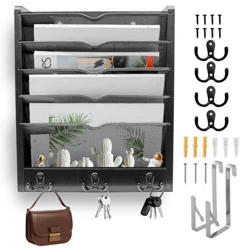 Multi-Purpose No-Assembly Hanging Wall File & Mail Organizer - 3 Pairs of Hooks, Fits Desk with Side Panel/Door-Mountable (Black)