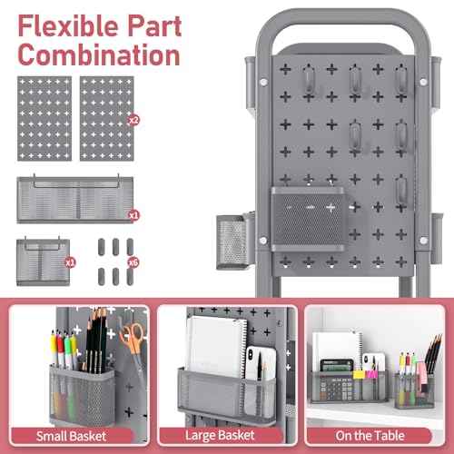 TOOLF Metal Rolling Storage Cart, 3-Tier Utility Mobile Cart with DIY Pegboards, Serving Trolley Cart with Baskets Hooks, for Kitchen, Bathroom, Office, Home, Classroom (Dark Grey)