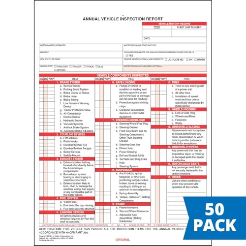 J. J. Keller Annual Vehicle Inspection Report Form 50-pk. - Snap-Out Format, 3-Ply, Carbonless, 8.5" x 11.75" - Meet DOT AVIR Requirements Under 49 CFR 396.21
