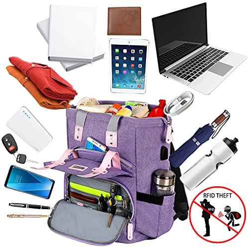FALANKO Laptop Backpack for Women,Large Computer Backpack Fits 17 Inch Laptop with USB Charging Port RFID Water Resistant purse Casual Purple Bookbag for Teacher/work/College/nurse/Doctor/Woman