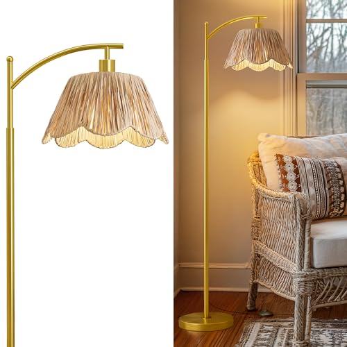 Oneach Brushed Gold Arc Floor Lamp with Rattan Shade, Foot Switch, Farmhouse Style for Living Room & Bedroom