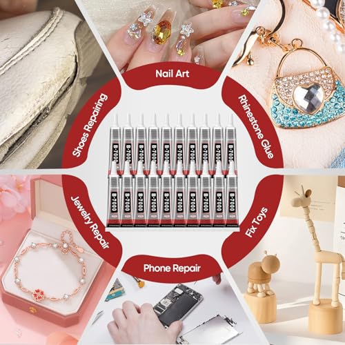 20 Pack Clear B7000 Rhinestone Glue with Precision Tip for Jewelry Nails Crafts