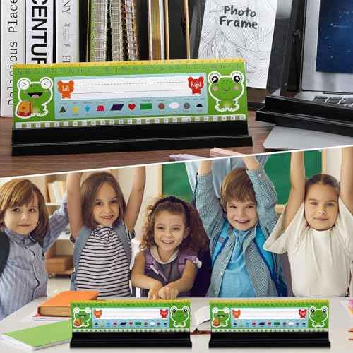 Teling 12 Pieces Name Plates Holder for Desk Self Adhesive and Removable Nameplate Stand with Pen Holder Black Plastic Name Tag Display with Adhesive Grip for Classroom School,1.5 x 12 x 1 Inch