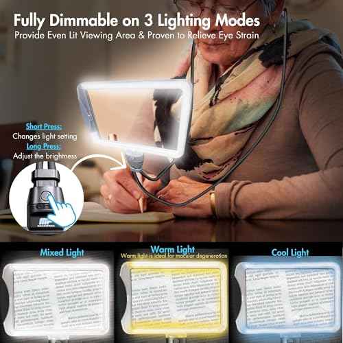 MagniPros Rechargeable Goose-Neck Page Magnifier with 3 Color Light Modes - 4X & 6X Interchangeable Lenses