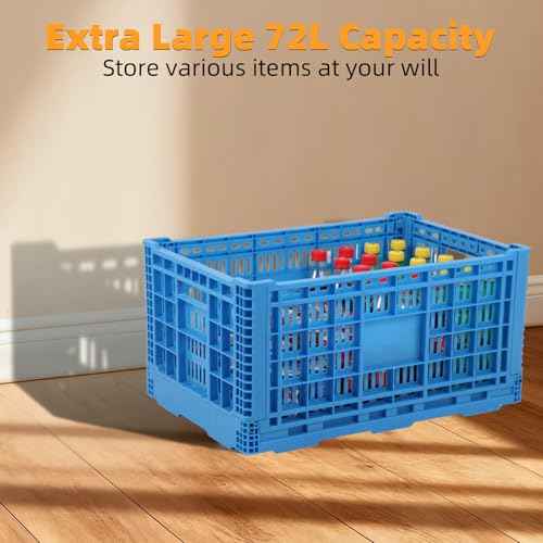 Collapsible Milk Crates, 72L Stackable Storage Crates, Plastic Heavy Duty Crate Basket, Folding Storage Containers for Organizing, Grocery, Office & Camping (23.6 "L ¡¿ 15.7" W ¡¿ 11.82 "H)