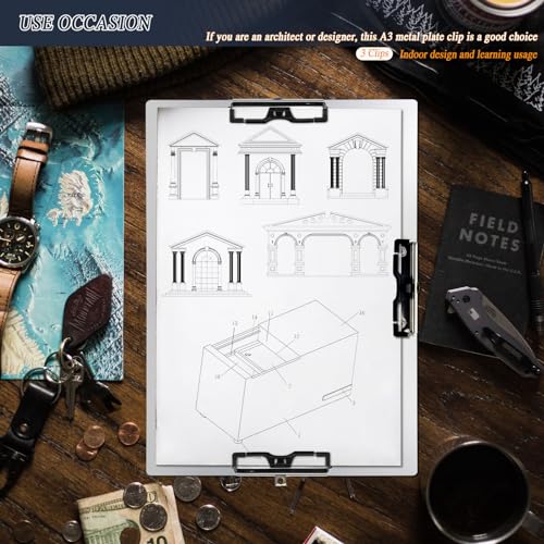 Three Clip Aluminum 11x17 Clipboard Metal Stainless Hangable Clipboards Art Pen Holder Extra Large Clip Board for Business Medical Professionals Workshop (Silver, A3-3Clip)