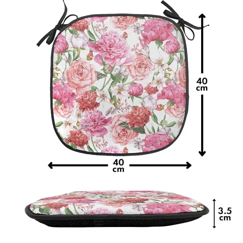 Ambesonne Watercolor Flower Chair Seating Cushion Set of 4, Victorian Floral Pattern Painting Style Print with Peonies Roses, Anti-Slip Seat Padding for Kitchen & Patio, 16"x16", White Pink Blush