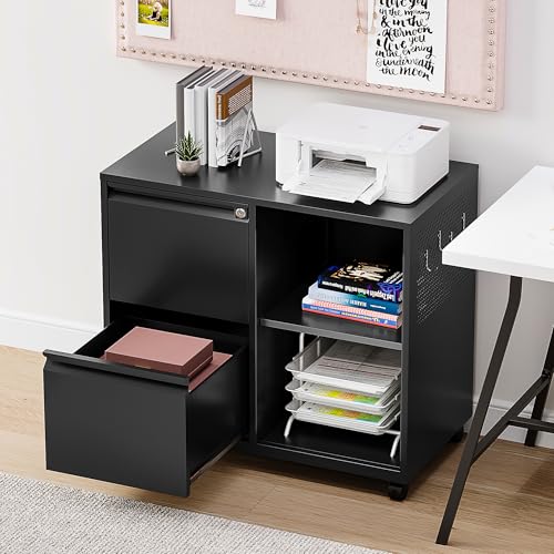 SISESOL Black 2-Drawer Metal File Cabinet with Lock & Shelves, Mobile Office Organizer, Fits Legal/Letter/A4 Sizes