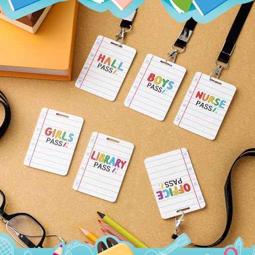 Sabary 6 Sets Pass Lanyards School Passes Wooden Hall Pass Set for Teachers and Classroom Supplies Including Hall Passes of Nurse, Restroom, Library, Office