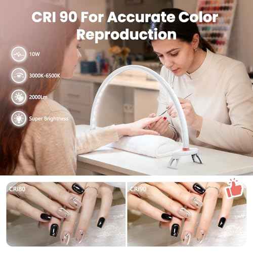 Yokilly Arc Half Moon Light: 20" Half Moon Light with Foldable Bracket for Desk Salon Table Use - No Flicker & Shadow-Free Desk Lamp with Stepless Brightness 3000-6500K for Manicurist Nail Tech