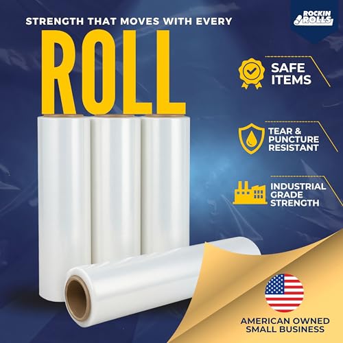 Rockin Rolls 18" x 1500 FT Clear Stretch Film Shrink Wrap - 4 Rolls, Heavy Duty, Recyclable