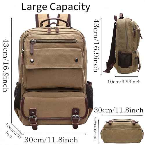 Canvas Backpack for Men Women, Vintage Rucksack Fit 15.6 Inch Laptop Travel Rucksack for Casual Hiking Travel Commute (Khaki)