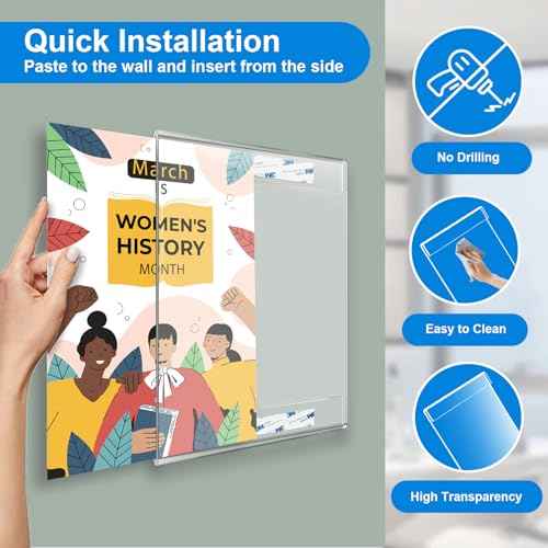 12 Pcs Acrylic Sign Holder 8.5 x 11, Vertical Wall Mount Sign Holders with Adhesive, Clear Plastic Frames Paper Display Sign Holders for Office, Home, Store, Restaurant - No Drilling