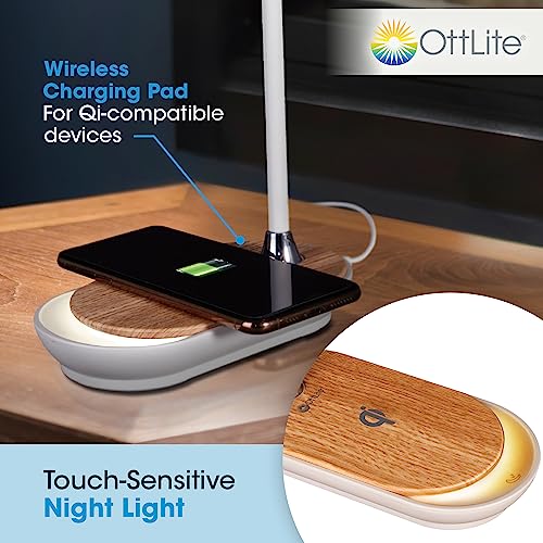 Ottlite Inspire LED Desk Lamp with Wireless Charging - ClearSun LED Technology - Flexible Neck, Dimmable with Touch Controls & Night Light Feature - for Offices, Dorm Rooms, & Bedside Tables