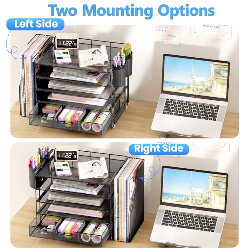Desk Organizers and Accessories with File Holder, 5-Tier Office Desk Accessories & Workspace Desktop Organizer with Drawer and 2 Pen Holder, File Paper Organizer for Office Supplies(Black)