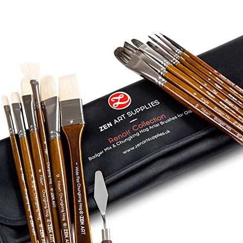 ZenART Oil & Acrylic Paint Brushes ? 14pc Professional Set of Chungking Hog, & Badger/Japanese Synthetic Bristles incl Filbert, Flat, Rigger & more ? Travel Pouch, Long Birchwood Handles, No Shedding