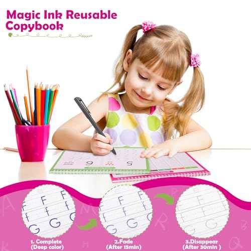 6 Pack Large Grooved Handwriting Copybooks,10.2 x 7.4 In Magic Writing Practice Workbooks with Pens,Reusable Alphabet,Numbers Tracing Books for Kids 3-8,Kindergarten Preschool Learning Activities
