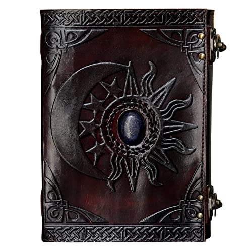 cuero C Leather Sun and Moon Embossed with Beautiful Blue Stone Journal Diary Notebook, Planner, Organizer, Sketchbook, Blank Book Journal (Sun and Moon)
