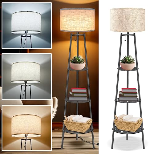 Floor Lamp with Shelves, Modern Standing Lamp with 3 Color Temperature LED Bulbs, Corner Floor Lamps for Living Room & Bedroom, Lamparas Elegantes para Sala (Beige Lampshade, 1)