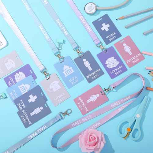 12 Pcs PVC Hall Pass Lanyards Set Unbreakable Bathroom Passes for Teachers Hall Library Office and Nurse Restroom Supplies Elementary Must Have(Morandi)