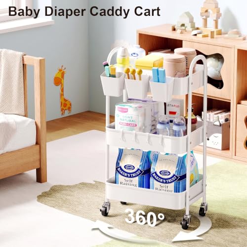 Recximi Simple White 3-Tier Heavy Duty Metal Rolling Cart with Lockable Wheels
