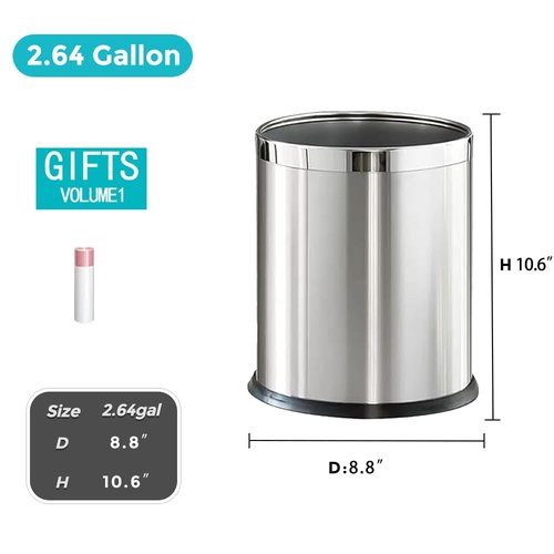 YOJIA 2.64 Gallon/10L Silver Bathroom Stainless Steel Trash Can, Single Layer, Bathroom Garbage Can, Elegant, Modern Office Waste Basket, for Bedroom, Kitchen, Hotel, Cafe, Business(10L Silver)