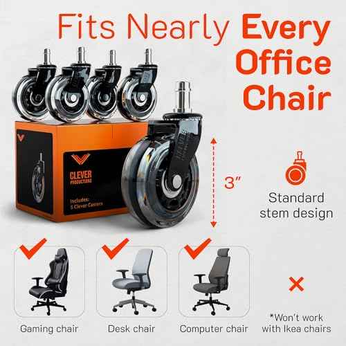 Replacement Office Chair Wheels (3" Set of 5) - Smooth & Quiet Rolling Heavy Duty 98% Universal Fit Caster Wheels for Office Chair - Desk Chair Wheels Clear for Hardwood Tile Vinyl Floors & Carpet