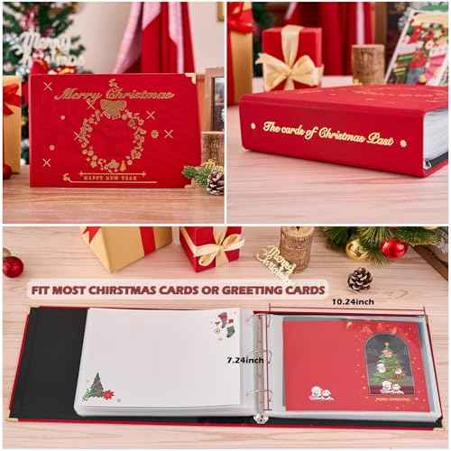 MANWU Christmas cards organizer binder album, greeting cards display organization Storage Holder, Cardkeeper special cards leather book, holds 100 cards (Golden)