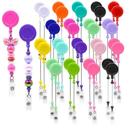 60pcs Colorful Beadable Badge Reels Making Kits - Beaded Blank Bars Bulk - Retractable Badge Reel with Belt Clip for ID Name DIY Gift Beadable Items for Nurses, Teachers, Students, Office, Workers