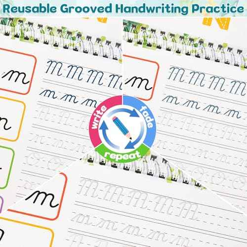 gisgfim 8 Pack Grooved Cursive Handwriting Workbook Learning Grooved Cursive Reusable Handwriting Practice kit with Disappearing Ink Pens Magic Copybooks Set for Kids Beginners Kickoff Student