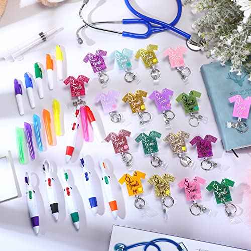 Sasylvia 80 Pcs Nurse Badge Reel Bulk Nursing Badge Accessories with Mini Highlighter Pen Marker Retractable Ball Pen Keychain Clip for Doctor Medical Assistant CNA Week Appreciation Gifts